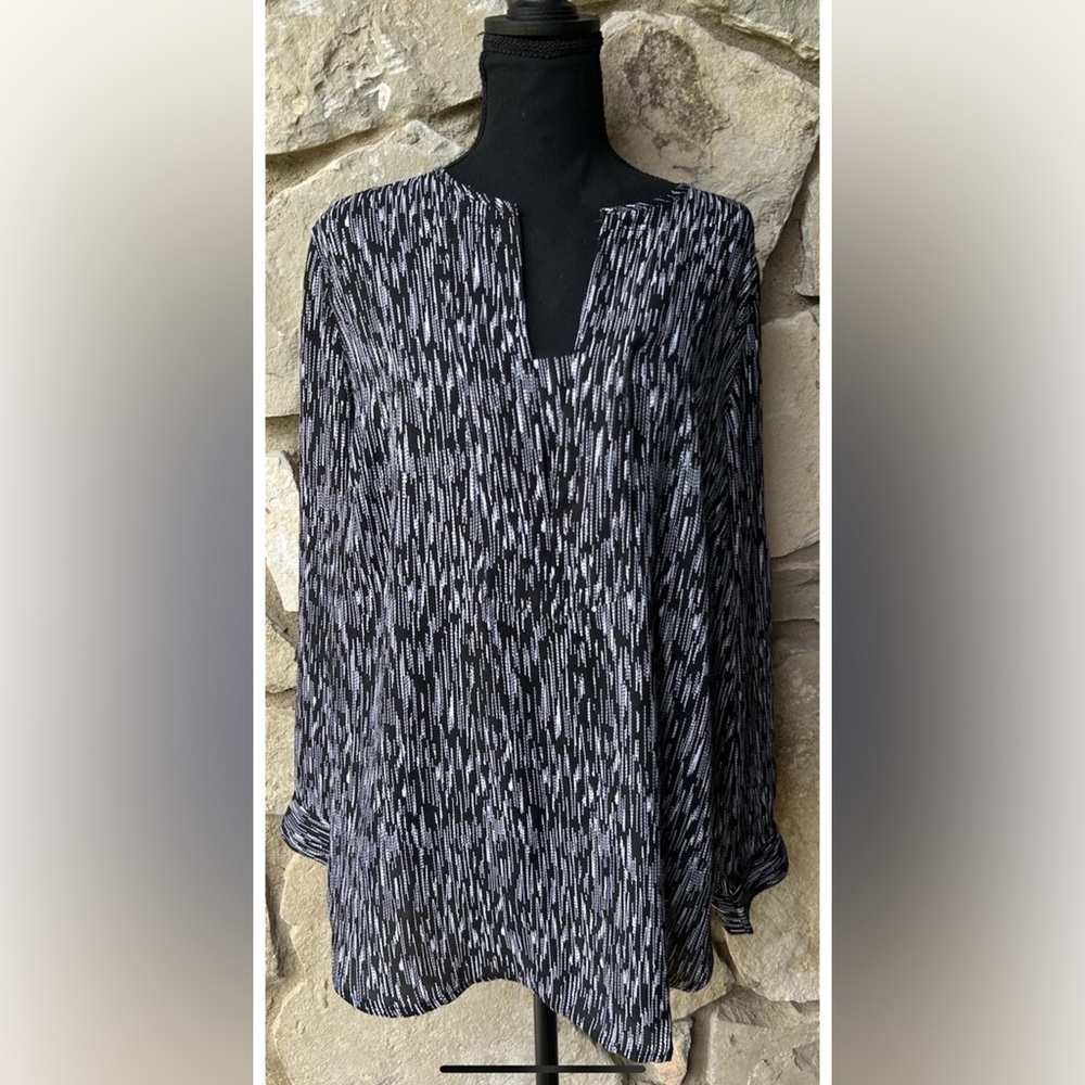 Roaman's Tunic Top Size 14 Black White Geometric Polyester Roll-Tab Sleeve EC‎